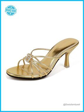 Strappy Kitten Heel Sandals Rhinestone Open Toe Slip On Mule Heels for Wedding